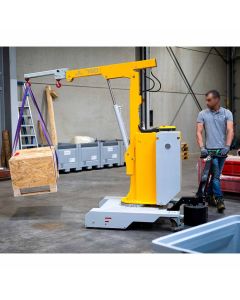 Der elektrisch angetriebene Mobilkran hebt Lasten bis 750 kg auf über 3 Meter Höhe – steuerbar per Fernbedienung.
