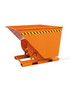Kippbehälter in hoher Bauhöhe – beidseitig kippbarer Industriebehälter mit Abrollkufen und Sicherheitsmarkierung, ideal für Staplereinsatz.